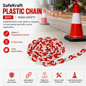 SafeKraft Plastic Chain SKPC red and white polyethylene safety chain with S-type links for crowd control and safety barriers.
