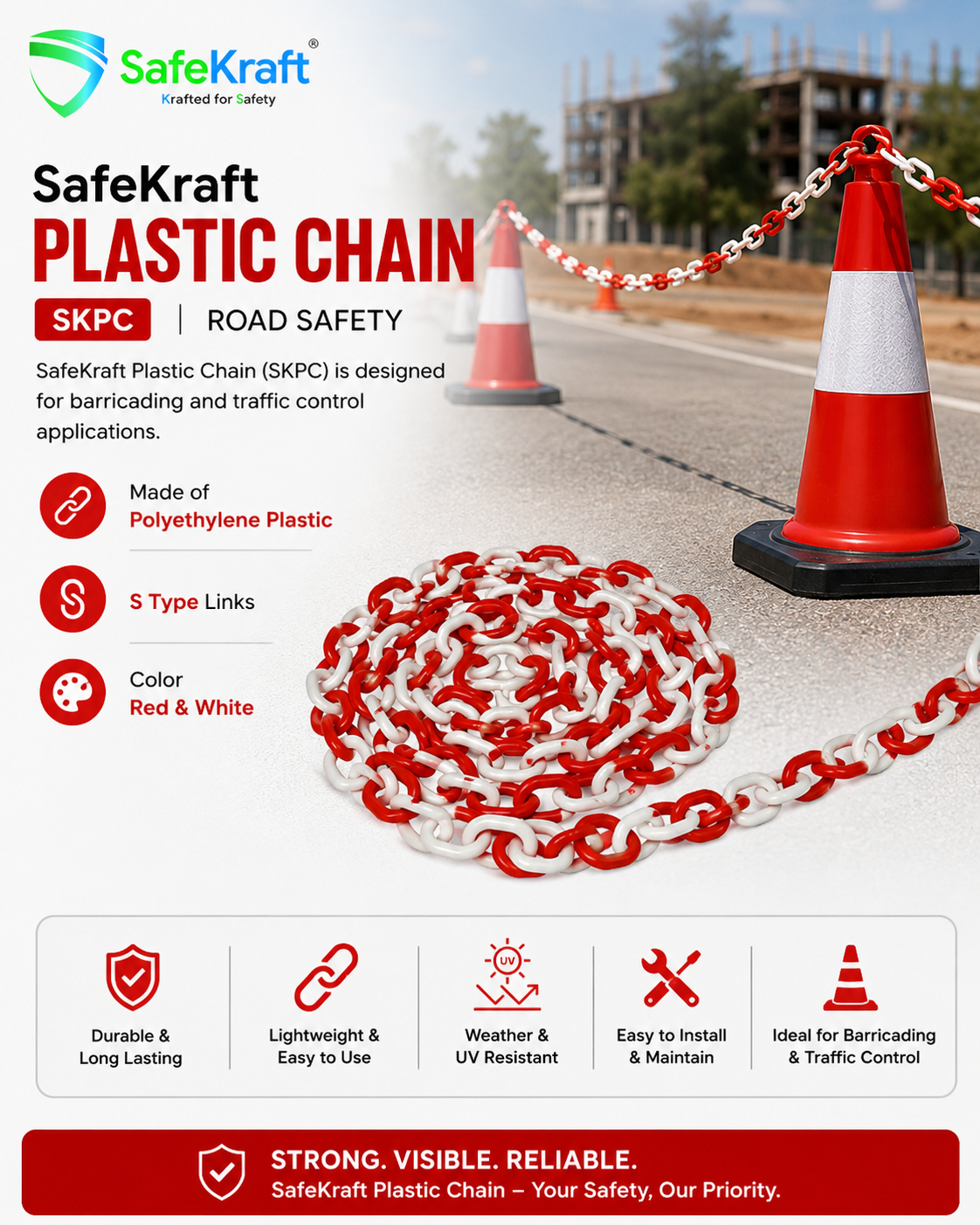 SafeKraft Plastic Chain SKPC SafeKraft Plastic Chain SKPC red and white polyethylene safety chain with S-type links for crowd control and safety barriers.