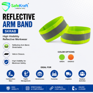 SafeKraft Reflective Arm Band SKRAB high visibility stretchable safety arm band with reflective material, Velcro closure, and Green and Orange color options.