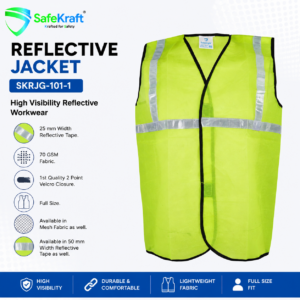 SafeKraft Reflective Jacket SKRJG-101-1 high visibility safety jacket with 25 mm reflective tape, 70 GSM fabric, premium side piping, and 2-point Velcro closure for industrial workwear.
