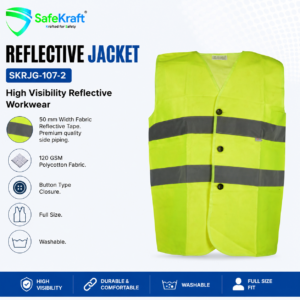 SafeKraft Reflective Jacket SKRJG-107-2 with 50 mm reflective tape, 170 GSM Hi-Vis polycotton fabric, and button closure.