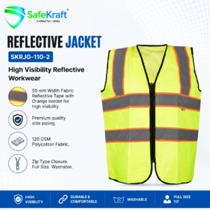 SafeKraft Reflective Jacket SKRJG-110-2 high visibility reflective safety jacket with 50 mm reflective tape, orange border, 130 GSM polycotton fabric, zip closure, and durable industrial workwear design.