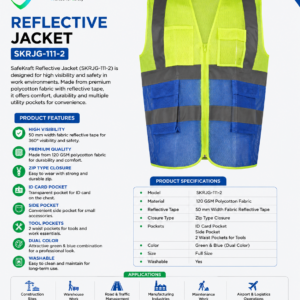 SafeKraft Reflective Jacket SKRJG-111-2 high visibility safety jacket with 50 mm reflective tape, 120 GSM polycotton fabric, zip closure, and multiple utility pockets for industrial workwear.