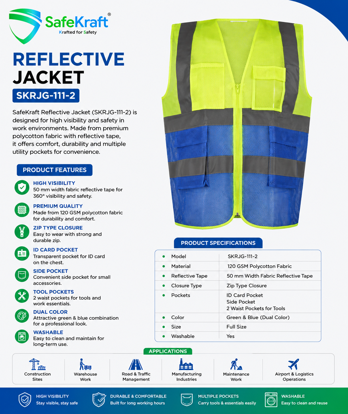 SafeKraft Reflective Jacket – SKRJG-111-2 SafeKraft Reflective Jacket SKRJG-111-2 high visibility safety jacket with 50 mm reflective tape, 120 GSM polycotton fabric, zip closure, and multiple utility pockets for industrial workwear.