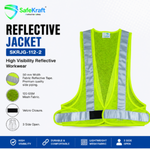 SafeKraft Reflective Jacket SKRJG-112-2 full-size hi-vis safety jacket with 50 mm reflective tape and Velcro closure.