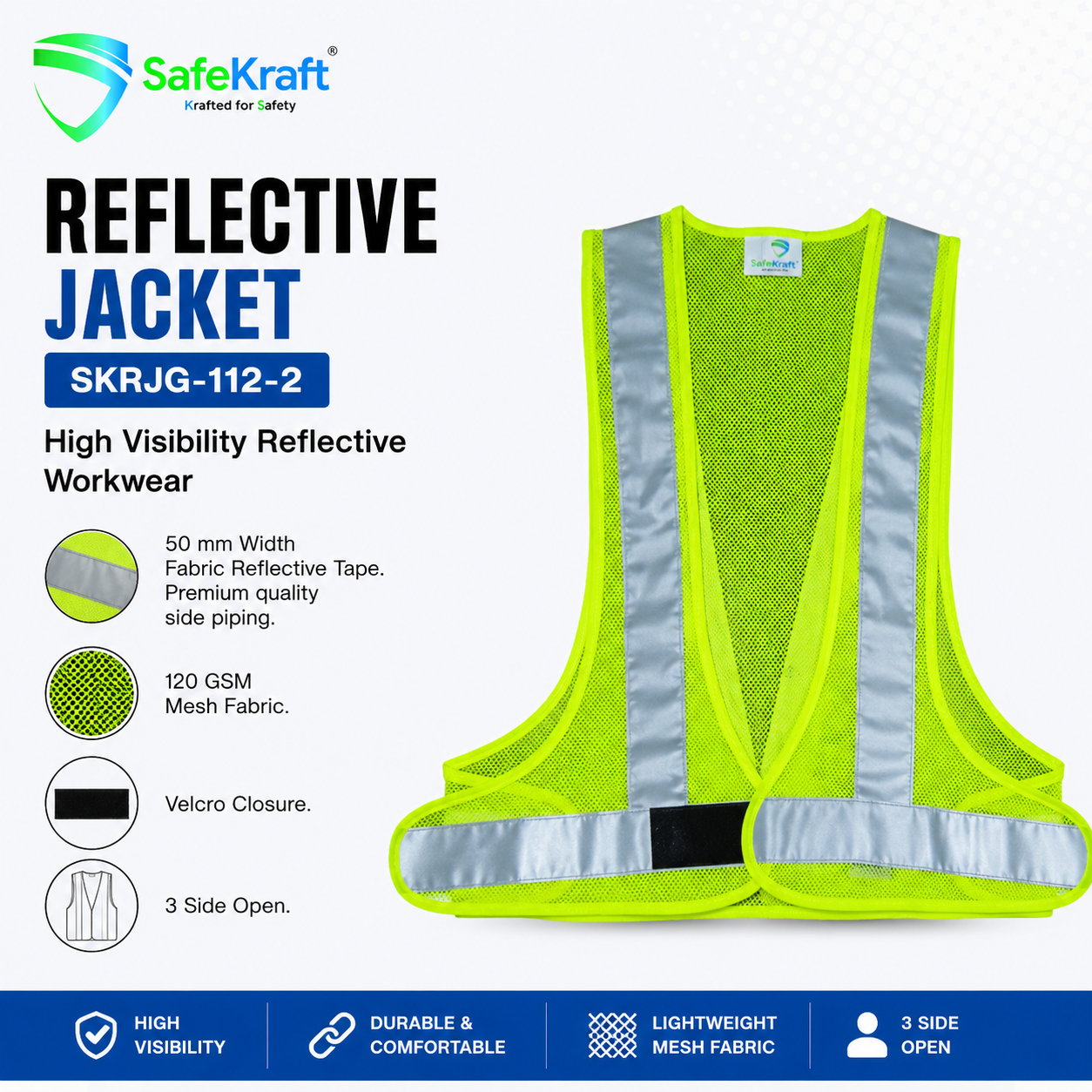 SafeKraft Reflective Jacket – SKRJG-112-2 SafeKraft Reflective Jacket SKRJG-112-2 full-size hi-vis safety jacket with 50 mm reflective tape and Velcro closure.