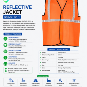 SafeKraft Reflective Jacket SKRJO-101-1 high visibility safety vest with 25 mm reflective tape and 2-point Velcro closure.