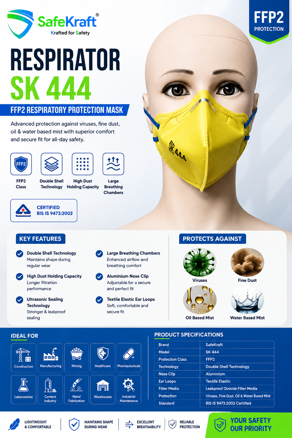 SafeKraft Respirator SK 444 SafeKraft Respirator SK 444 FFP2 respiratory protection mask with double shell technology, aluminium nose clip, textile ear loops, and BIS certified protection against viruses, fine dust, and oil & water-based mist for industrial workplace safety.
