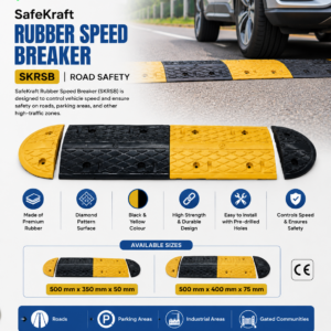 SafeKraft Rubber Speed Breaker SKRSB with black and yellow diamond pattern for road safety and traffic control.