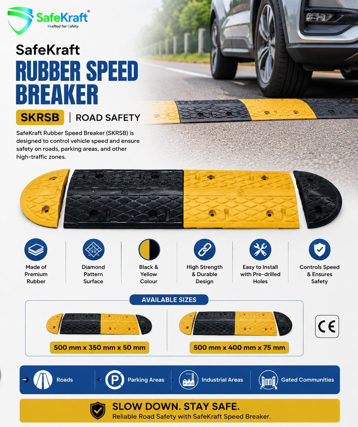 SafeKraft Rubber Speed Breaker SKRSB SafeKraft Rubber Speed Breaker SKRSB with black and yellow diamond pattern for road safety and traffic control.