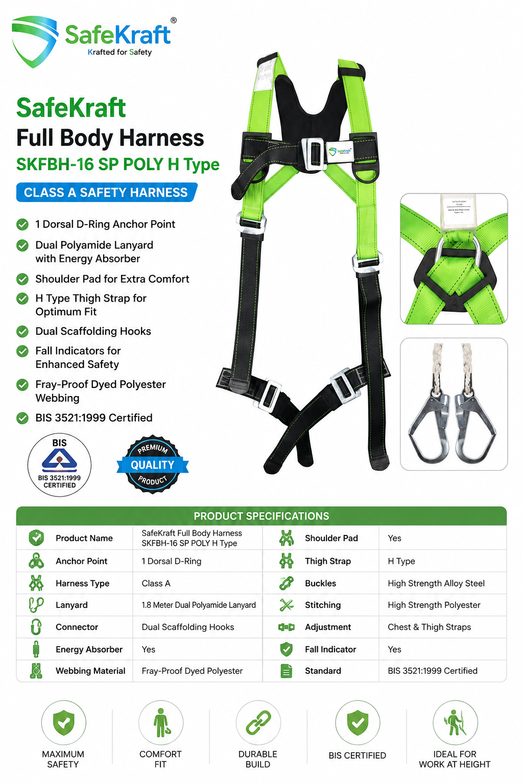 SafeKraft SKFBH-16 SP POLY H Type full body safety harness with dual polyamide lanyard, dorsal D-ring, and energy absorber SafeKraft SKFBH-16 SP POLY H Type full body safety harness with dual polyamide lanyard, dorsal D-ring, and energy absorber