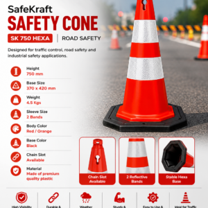SafeKraft SK 750 Hexa 750 mm traffic safety cone with dual reflective bands and heavy-duty hexagonal base