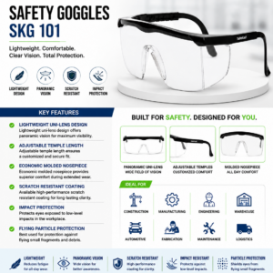 SafeKraft Safety Goggles SKG 101 lightweight safety goggles with panoramic uni-lens, adjustable temples, scratch-resistant coating, and industrial eye protection