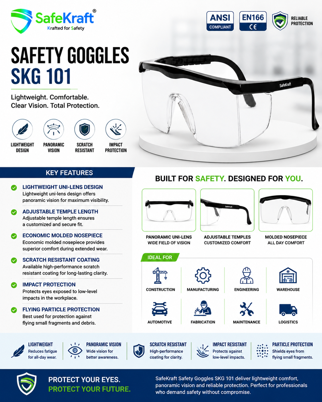 SafeKraft Safety Goggles SKG 101 lightweight safety goggles with panoramic uni-lens, adjustable temples, scratch-resistant coating, and industrial eye protection SafeKraft Safety Goggles SKG 101 lightweight safety goggles with panoramic uni-lens, adjustable temples, scratch-resistant coating, and industrial eye protection