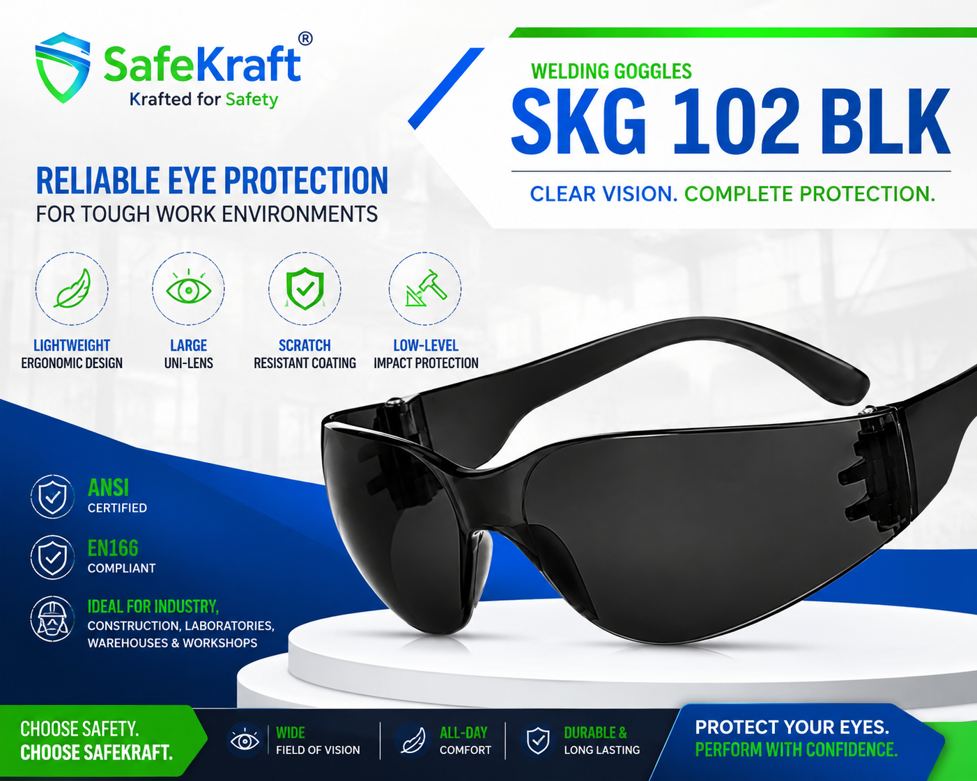 SafeKraft Safety Goggles SKG 102 BLK with scratch-resistant large uni-lens for industrial eye protection SafeKraft Safety Goggles SKG 102 BLK with scratch-resistant large uni-lens for industrial eye protection