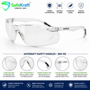SafeKraft Safety Goggles SKG 103 scratch resistant safety goggles with large uni-lens, soft TPR nosepiece, padded temple tips, and lightweight eye protection