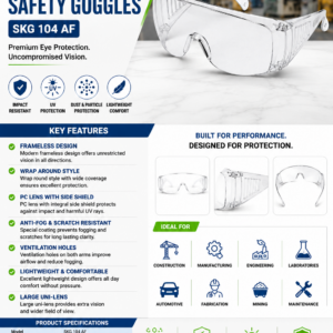 SafeKraft Safety Goggles SKG 104 AF anti fog safety goggles with scratch-resistant polycarbonate lens, wrap-around design, UV protection, ANSI and EN166 CE certified.