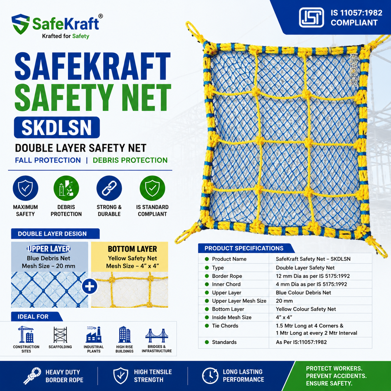 SafeKraft Safety Net SKDLSN double layer construction safety net with debris protection and industrial fall protection SafeKraft Safety Net SKDLSN double layer construction safety net with debris protection and industrial fall protection