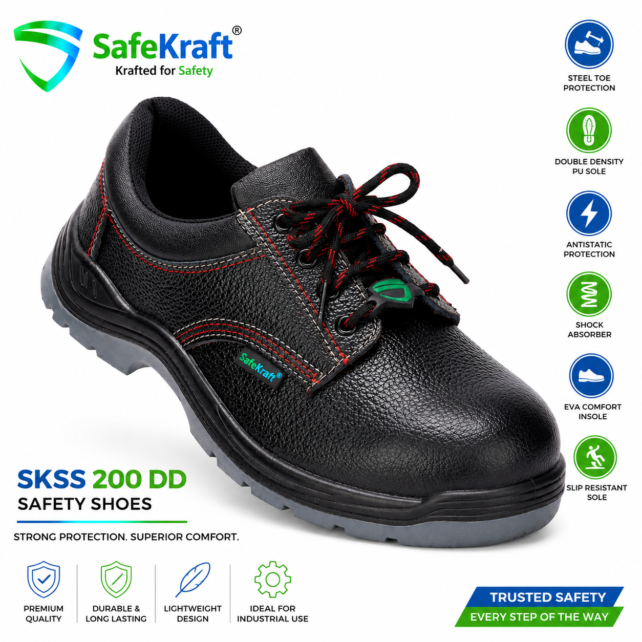 SafeKraft Safety Shoes SKSS 200 DD with a steel toe, PU sole, EVA insole, and antistatic protection for industrial safety. SafeKraft Safety Shoes SKSS 200 DD with a steel toe, PU sole, EVA insole, and antistatic protection for industrial safety.