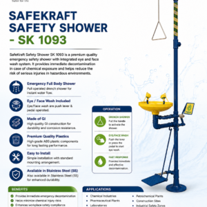 SafeKraft Safety Shower SK 1093 emergency full-body shower with integrated eye wash station, GI construction, pull-operated shower, and pedal-operated eye wash for industrial safety.