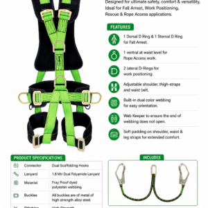 SafeKraft SKFBH-56 Tower Harness with five D-rings, dual polyamide lanyard, soft padding, and EN-certified fall protection for work at height