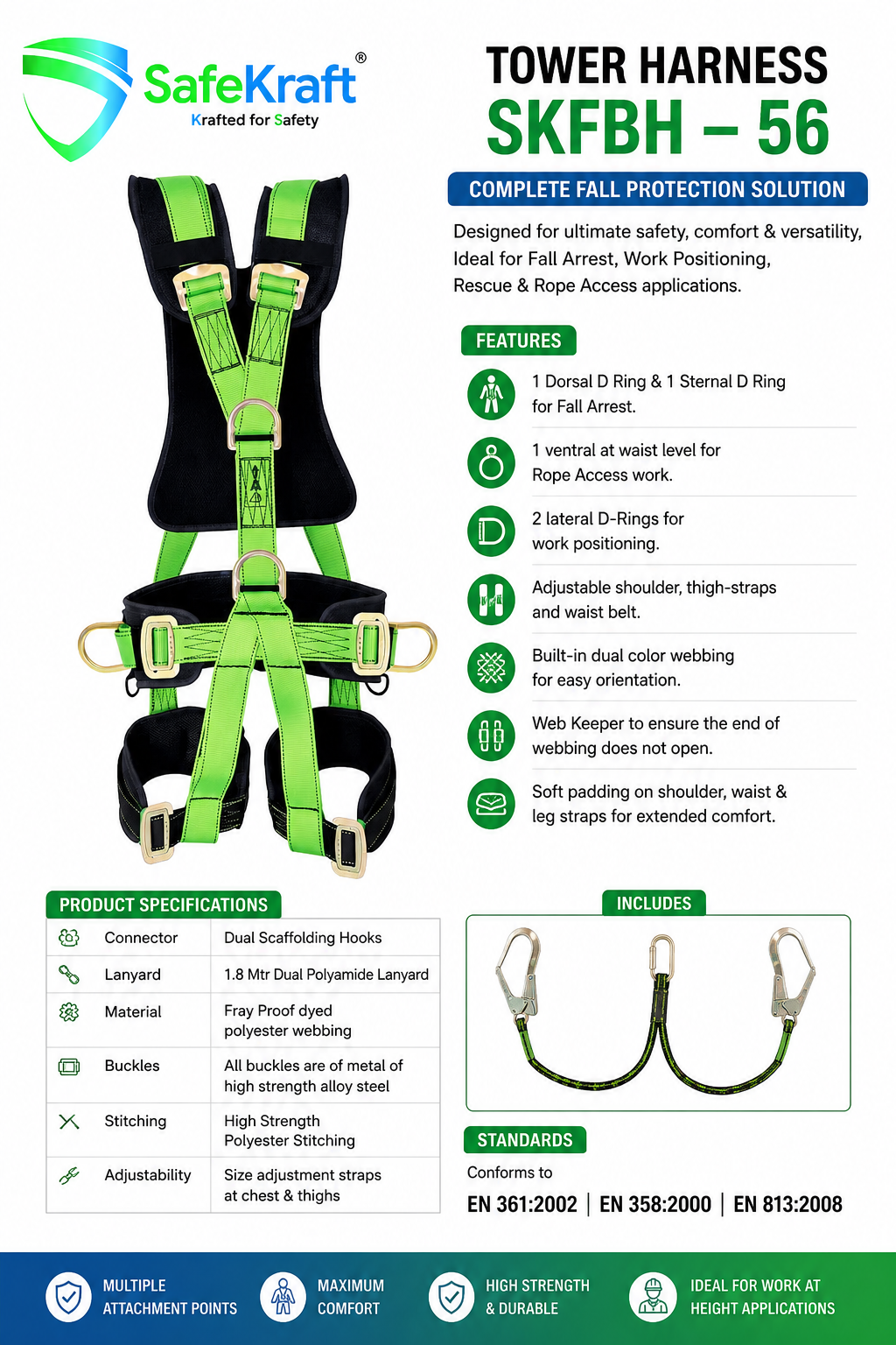 SafeKraft Tower Harness SKFBH – 56 SafeKraft SKFBH-56 Tower Harness with five D-rings, dual polyamide lanyard, soft padding, and EN-certified fall protection for work at height