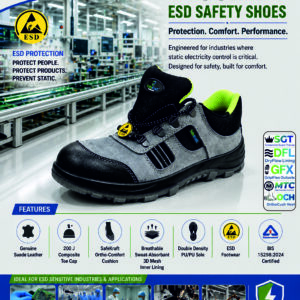 SafeKraft Tyson DD Safety Shoes with composite toe, buff suede leather upper, double density PU sole, antistatic protection, and shock-absorbing sole for industrial foot protection.