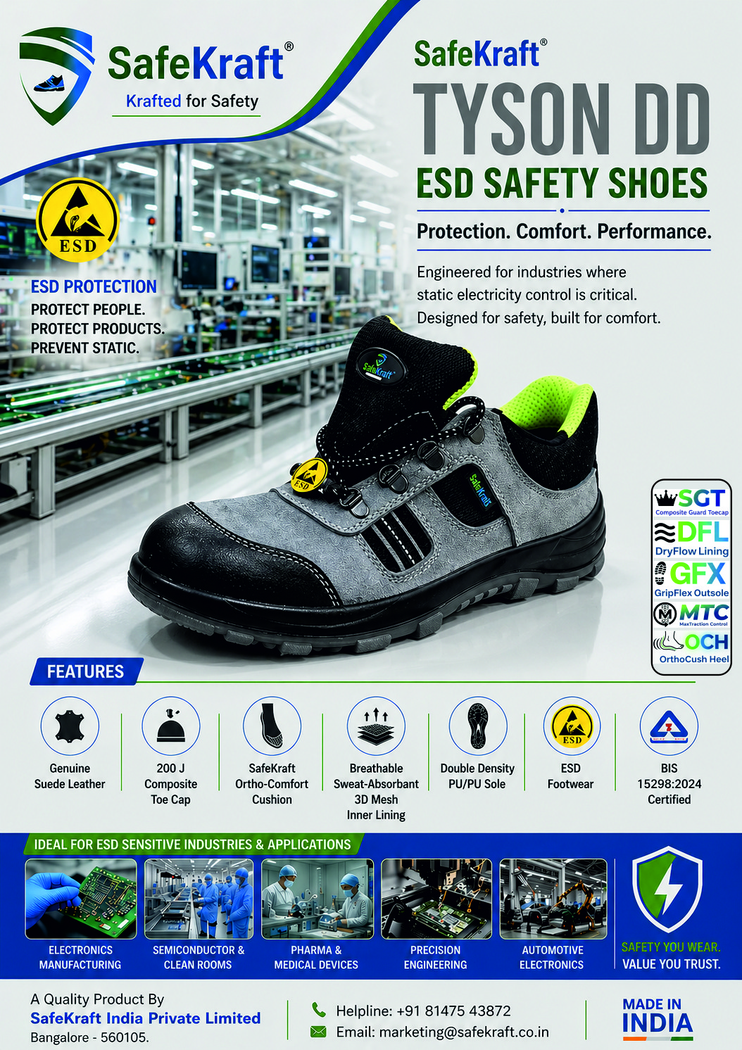 SafeKraft Tyson DD ESD Poster.jpg SafeKraft Tyson DD Safety Shoes with composite toe, buff suede leather upper, double density PU sole, antistatic protection, and shock-absorbing sole for industrial foot protection.