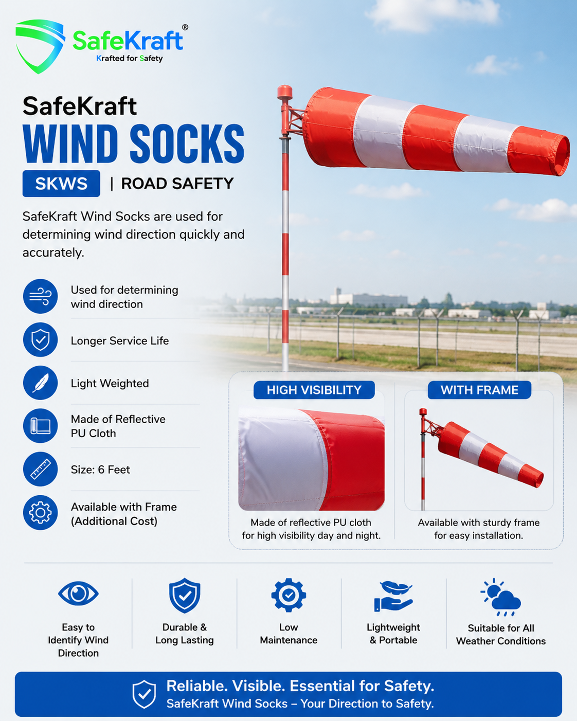 SafeKraft Wind Socks – SKWS SafeKraft Wind Sock made from reflective PU cloth for accurate wind direction indication at construction sites and industrial workplaces