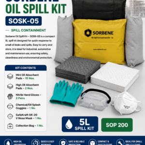 Sorbene Oil Spill Kit SOSK-05 with oil absorbent pads, nitrile gloves, splash goggles, nose mask, and collection bag for fast industrial oil spill response.