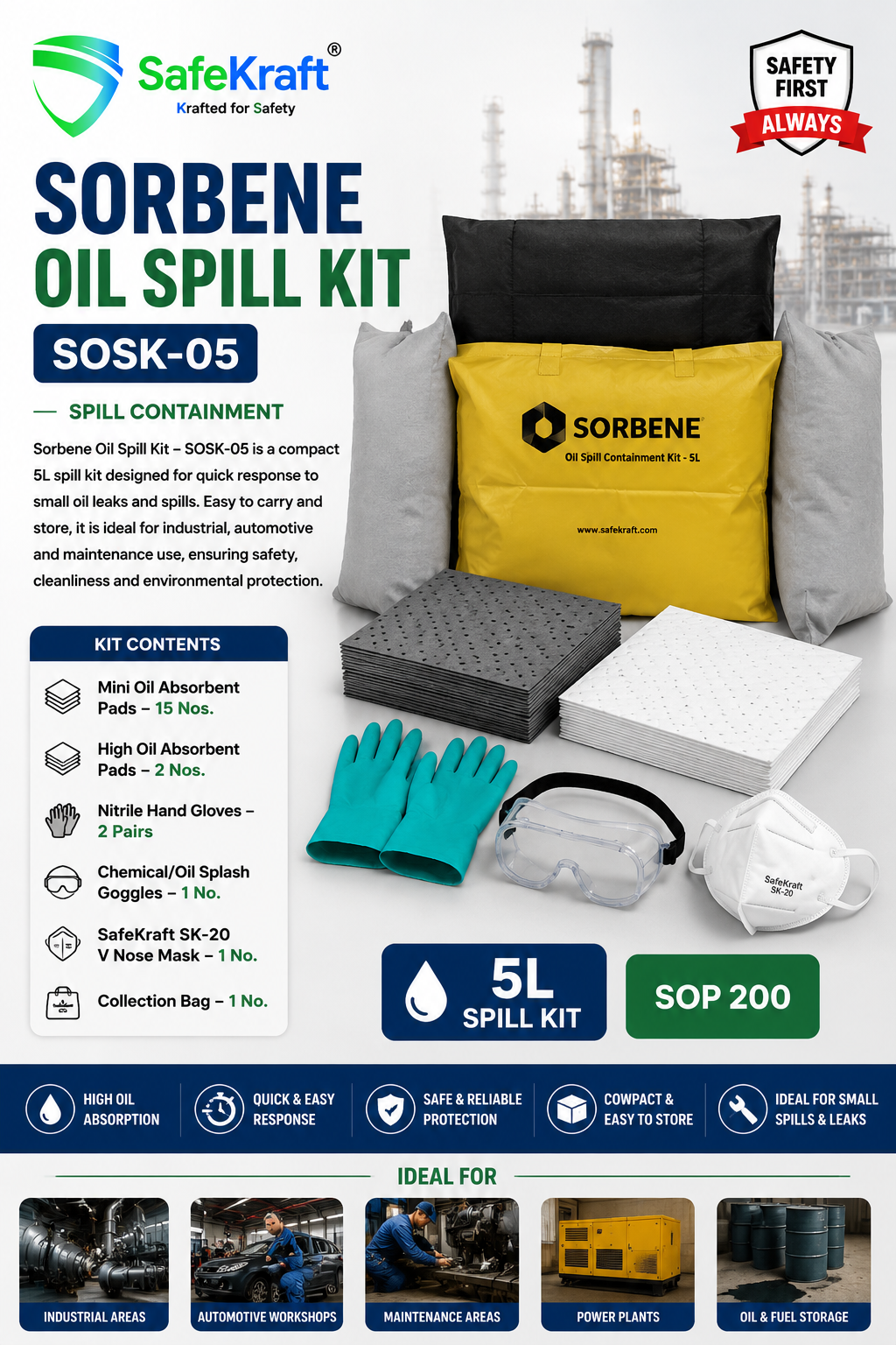 Sorbene Oil Spill Kit – SOSK-05 Sorbene Oil Spill Kit SOSK-05 with oil absorbent pads, nitrile gloves, splash goggles, nose mask, and collection bag for fast industrial oil spill response.