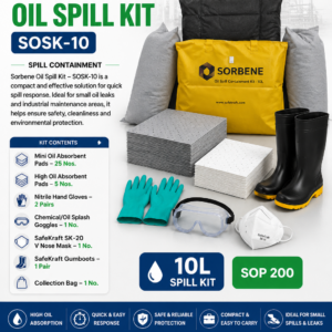 Sorbene Oil Spill Kit SOSK-10 with oil absorbent pads, nitrile gloves, splash goggles, SafeKraft SK-20 V Nose Mask, gumboots, and collection bag for industrial oil spill response.