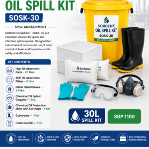 Sorbene Oil Spill Kit SOSK-30 with high oil absorbent pads, absorbent pillows, nitrile gloves, splash goggles, chemical protection mask, gumboots, and collection bin for industrial oil spill response.