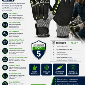 SafeKraft SKAIRG Impact Resistant Hand Gloves with Cut Level 5 HPPE Shell and Sandy Nitrile Palm Coating