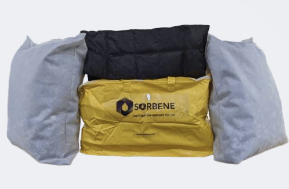 Sorbene Oil Spill Kit SOSK-05 with absorbent pads, nitrile gloves, splash goggles, SafeKraft SK-20 V Nose Mask, and collection bag for industrial oil spill response and spill control.