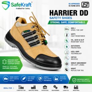 SafeKraft Harrier DD Safety Shoes The SafeKraft Harrier DD Safety Shoes are designed for professionals who need dependable foot protection every day. Built with premium Buff Nubuck luxury leather, these Harrier DD Safety Shoes combine durability, comfort, and advanced safety features for demanding industrial workplaces. Moreover, the lightweight design reduces foot fatigue during long working hours while maintaining superior protection. Certified under IS:15298-2016, these industrial safety shoes offer reliable performance for construction sites, factories, warehouses, logistics, engineering workshops, manufacturing plants, and heavy industries. Premium Features of SafeKraft Harrier DD Safety Shoes Genuine Buff Nubuck Luxury Leather Upper The upper is made from premium Buff Nubuck leather with a thickness of 2 mm (+/-0.2 mm). As a result, the shoes provide excellent durability, flexibility, and a premium appearance while resisting daily industrial wear. Double Density Direct Injected PU Sole The dual-density PU sole delivers excellent shock absorption and long-lasting comfort. In addition, it provides better grip on slippery industrial floors. Oil, Acid & Slip Resistant Sole The specially engineered outsole offers superior resistance against: Oil Mild acids Slippery surfaces Industrial chemicals Therefore, workers can move confidently in challenging environments. ISI Approved Safety Shoes These Harrier DD Safety Shoes comply with IS:15298-2016, ensuring they meet Indian safety standards for industrial footwear. 200 Joules Steel Toe Protection The heavy-duty steel toe cap withstands impacts up to 200 Joules, protecting your feet from falling tools, machinery, and heavy materials. 120°C Heat Resistance The PU outsole withstands contact heat up to 120°C, making these shoes suitable for hot industrial environments. Antistatic Protection The antistatic PU sole helps reduce static electricity build-up, making the shoes suitable for electronics, engineering, and manufacturing industries. Heel Grip Technology Advanced heel grip technology keeps the foot stable during movement. Consequently, it minimizes heel slippage and improves walking comfort. Ortho Comfort Insocks Premium orthopedic insocks provide excellent cushioning and support. As a result, workers experience reduced foot fatigue during extended shifts. DRI-LEX® Sweat Absorbent Lining The moisture-wicking DRI-LEX® lining keeps feet dry throughout the workday. Furthermore, it improves breathability and minimizes discomfort. Night Reflector Tag A reflective safety tag improves visibility in low-light work environments, adding an extra level of workplace safety. Lightweight Design Despite offering maximum protection, each pair weighs approximately 1000 grams, making the shoes comfortable for all-day use. Technical Specifications Feature Specification Brand SafeKraft Model Harrier DD Product Type Industrial Safety Shoes Upper Material Genuine Buff Nubuck Luxury Leather Leather Thickness 2 mm (+/-0.2 mm) Sole Double Density Direct Injected PU Toe Cap 200 J Steel Toe Cap Certification ISI Approved (IS:15298-2016) Sole Resistance Oil, Acid & Slip Resistant Antistatic Yes Heat Resistance Up to 120°C Heel Grip Technology Yes Ortho Insocks Yes Lining Sweat Absorbent DRI-LEX® Reflector Night Reflector Tag Weight Approx. 1000 g Per Pair Applications SafeKraft Harrier DD Safety Shoes are suitable for: Construction Sites Manufacturing Plants Automobile Industry Steel Industry Warehouses Logistics Engineering Workshops Mining Cement Plants Mechanical Industries Infrastructure Projects Heavy Industrial Operations Why Choose SafeKraft Harrier DD Safety Shoes? The Harrier DD Safety Shoes are engineered to deliver long-lasting protection, comfort, and durability. Their premium Nubuck leather upper, steel toe protection, antistatic PU sole, and ergonomic design make them an excellent choice for professionals working in hazardous environments. Additionally, their lightweight construction helps reduce fatigue without compromising workplace safety. Frequently Asked Questions Are Harrier DD Safety Shoes ISI certified? Yes. They are certified according to IS:15298-2016. Do these shoes have steel toe protection? Yes. They feature a 200 Joules steel toe cap for impact protection. Are these shoes suitable for slippery floors? Yes. The PU outsole is oil, acid, and slip resistant for enhanced workplace safety. Can these shoes be used in hot working environments? Yes. The outsole offers heat resistance up to 120°C. Are these shoes comfortable for long shifts? SafeKraft Harrier DD Safety Shoes Genuine Buff Nubuck Leather Steel Toe PU Sole ISI Approved