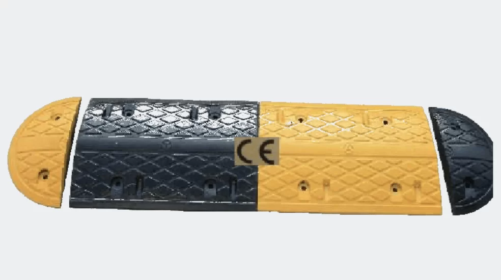 SafeKraft Rubber Speed Breaker SKRSB with black and yellow diamond pattern for road safety and traffic control.