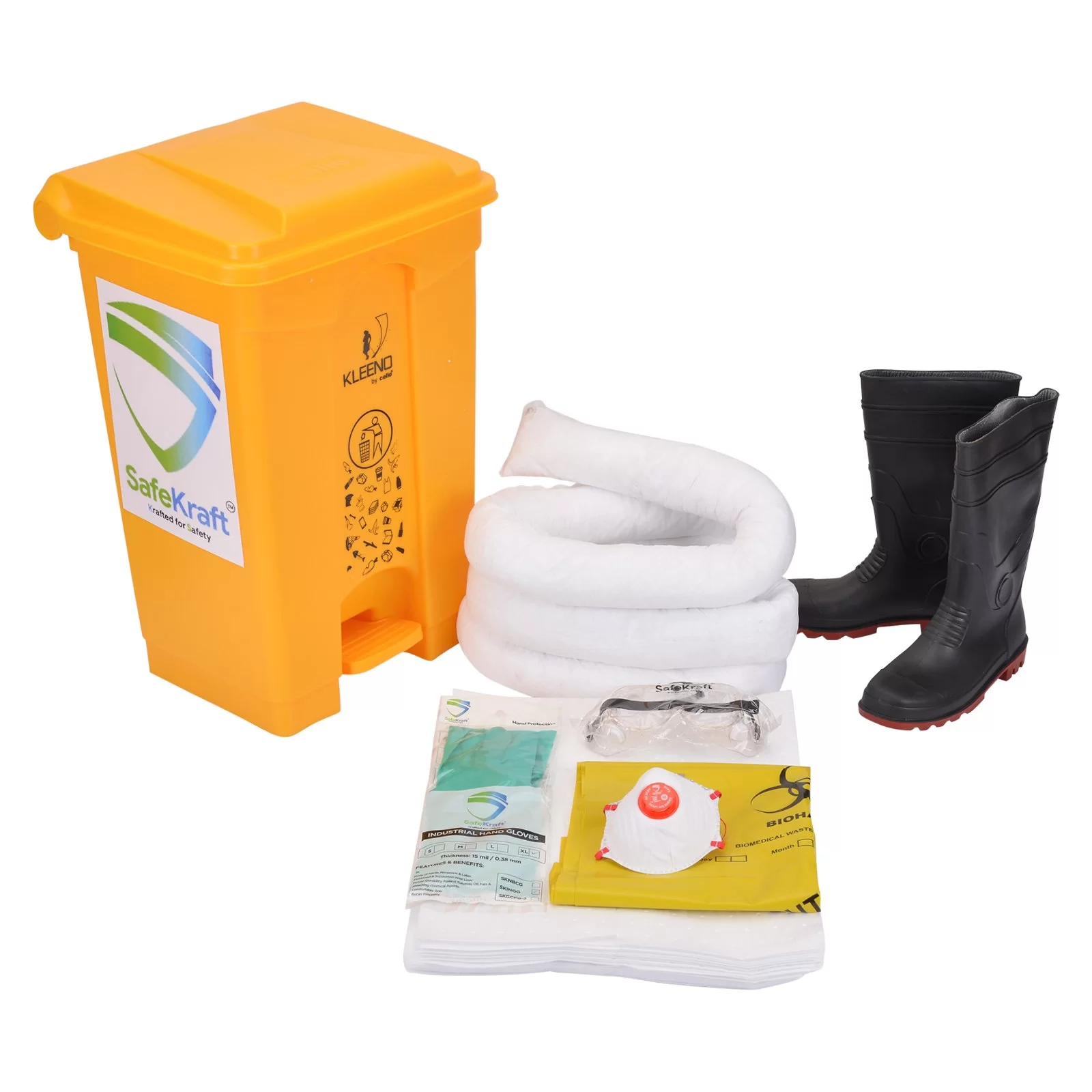 SafeKraft Oil Spill Kit SKOSK-50 with 50-litre collection bin, absorbent pads, socks, pillows, nitrile gloves, splash goggles, nose mask, gumboots, and spill response accessories for industrial oil spill control.