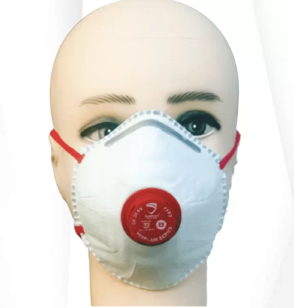SafeKraft Respirator SK 20 V FFP2 respiratory protection mask with Double Shell Technology, adjustable braided headbands, aluminium nose clip, and leakproof filter media.