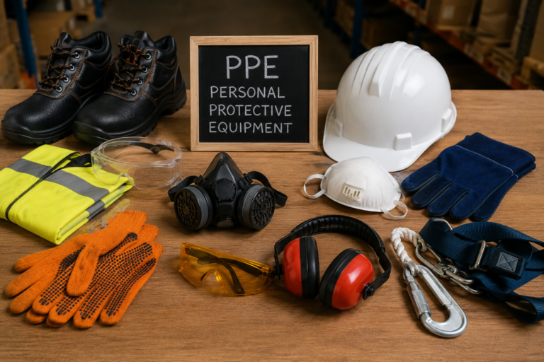 Construction PPE Kit includes helmet, gloves, and safety accessories