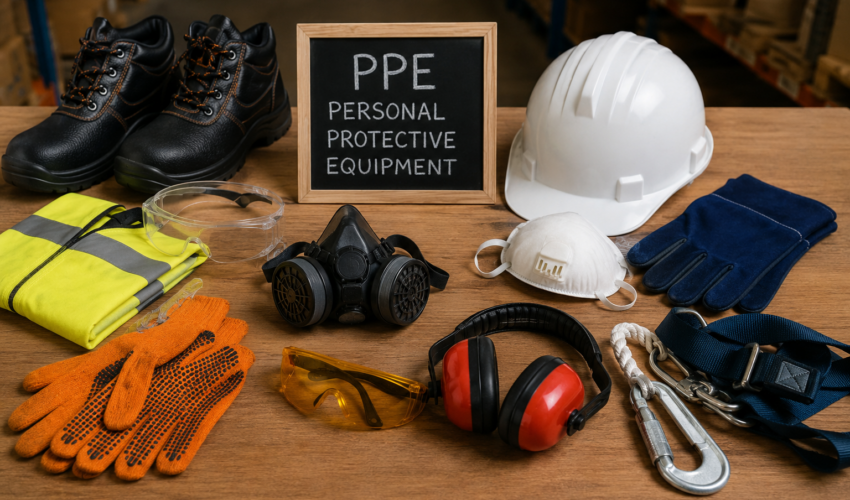 Construction PPE Kit includes helmet, gloves, and safety accessories