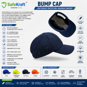 SafeKraft Bump Cap with HDPE protective shell, 100% cotton outer cover, ventilation holes, foam cushion, and adjustable Velcro strap for lightweight industrial head protection.