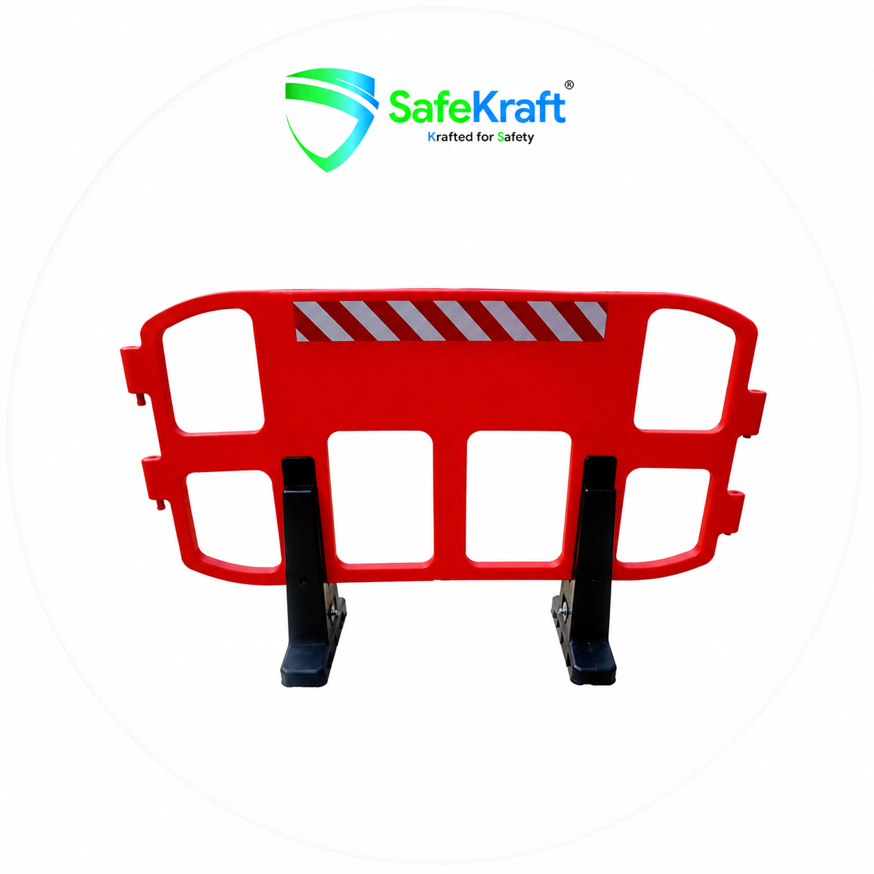 SafeKraft Fence Barricade SKWFB – red LLDPE safety barrier with black base.