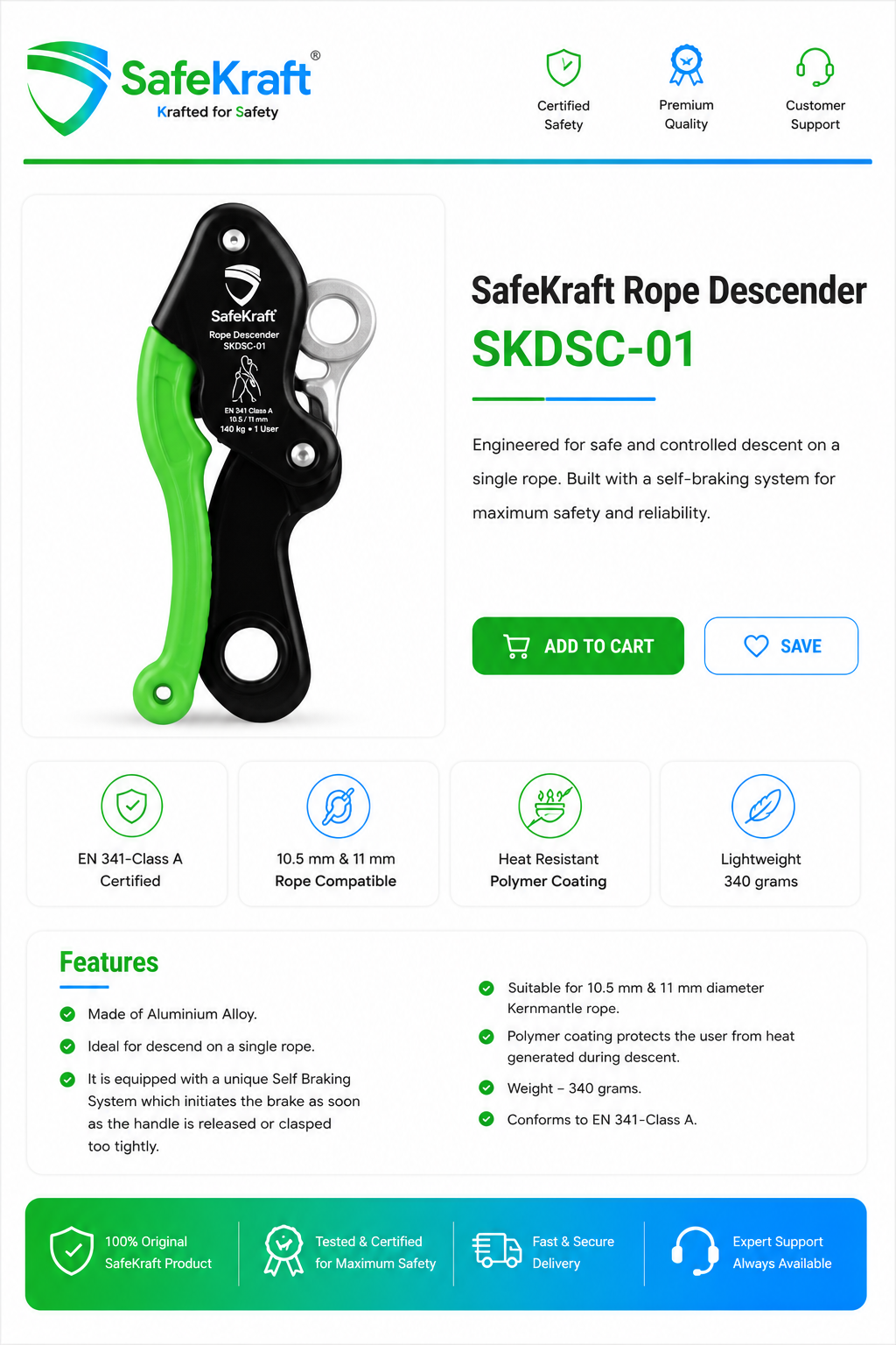 Rope Descender SafeKraft SKDSC-01 Rope Descender with self-braking system