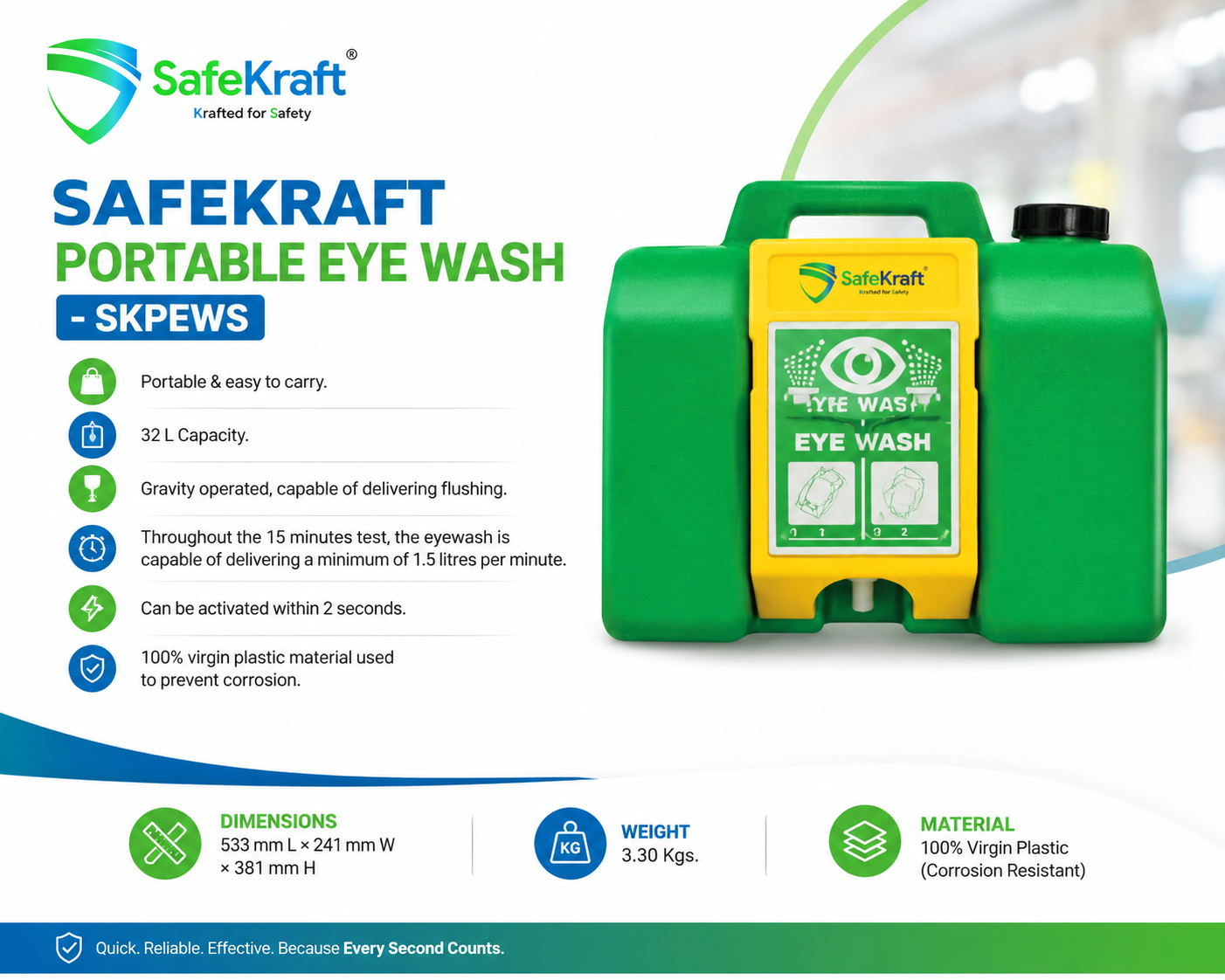 SAFEKRAFT PORTABLE EYE WASH - SKPEWS SafeKraft Portable Eye Wash SKPEWS 32L emergency eyewash station