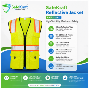 Green reflective safety jacket for high visibility and workplace safety