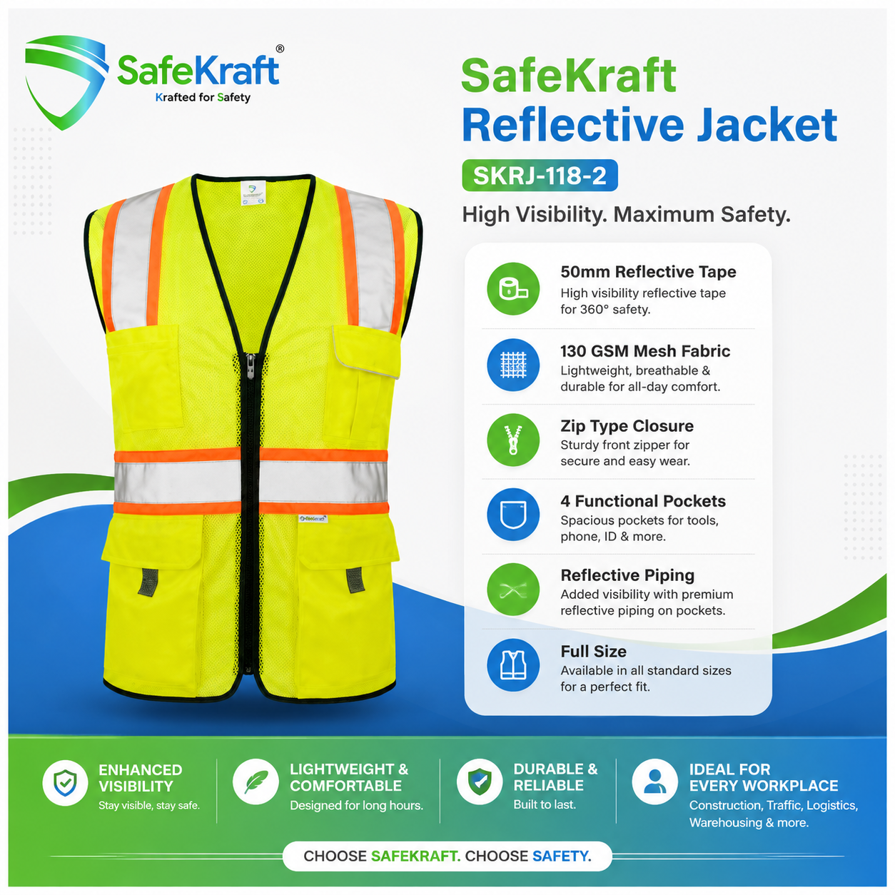 SAFEKRAFT REFLECTIVE JACKET -SKRJ 118-2 Green reflective safety jacket for high visibility and workplace safety