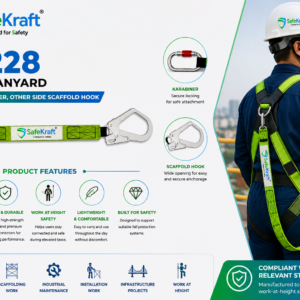 SafeKraft SK 228 Safety Lanyard with one side karabiner and other side scaffold hook, product features, and worker wearing the lanyard for work-at-height safety.