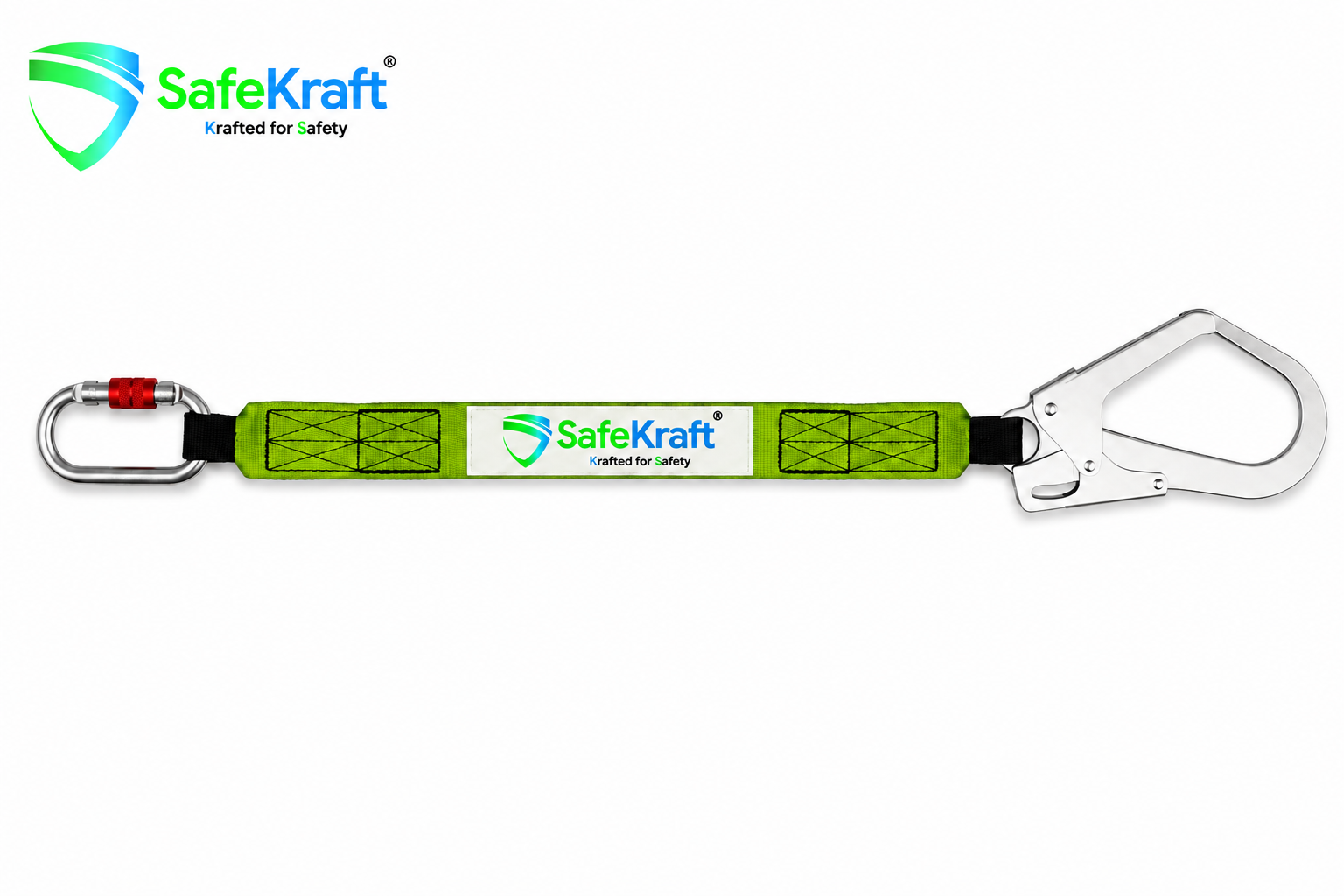 SafeKraft SK 228 Safety Lanyard with one side karabiner and other side scaffold hook, product features, and worker wearing the lanyard for work-at-height safety.