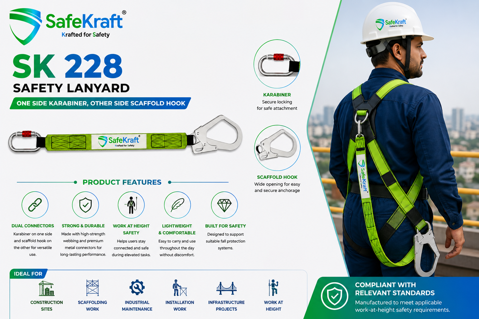 SK 228 ONE SIDE KARABINER OTHER SIDE SCAFFOLD SafeKraft SK 228 Safety Lanyard with one side karabiner and other side scaffold hook, product features, and worker wearing the lanyard for work-at-height safety.
